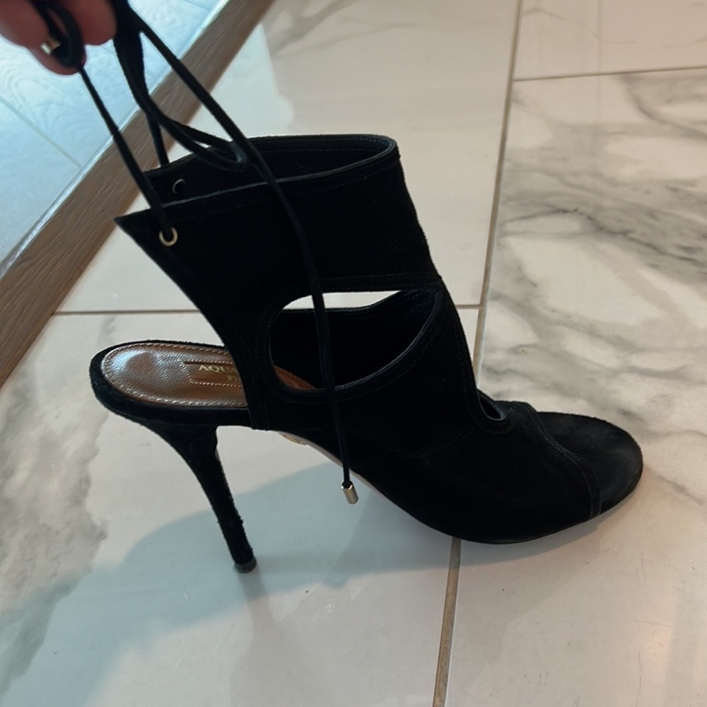 Aquazzura black suede lace up heels